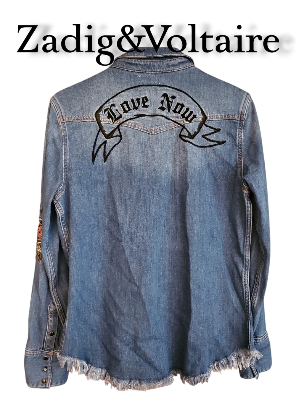 Zadig & Voltaire Deluxe Thelma Blue Embroidered Love Now Denim Shirt Jacket S - Picture 2 of 10
